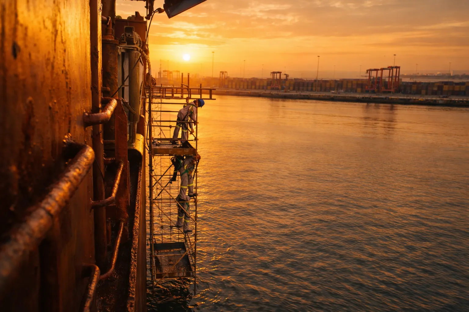 Overboard side scaffold access team performing surface prep